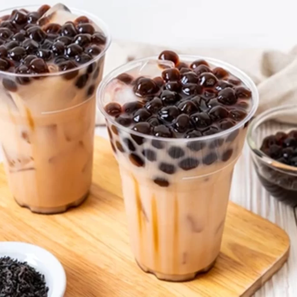 Iced milk tea loaded with chewy brown sugar pearls at Ichiddo Ramen, Ramen Restaurant in Poughkeepsie