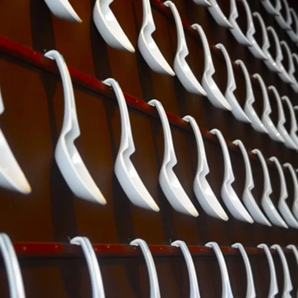 White ceramic spoons hung neatly on the wall at Ichiddo Ramen, Ramen Restaurant in Poughkeepsie